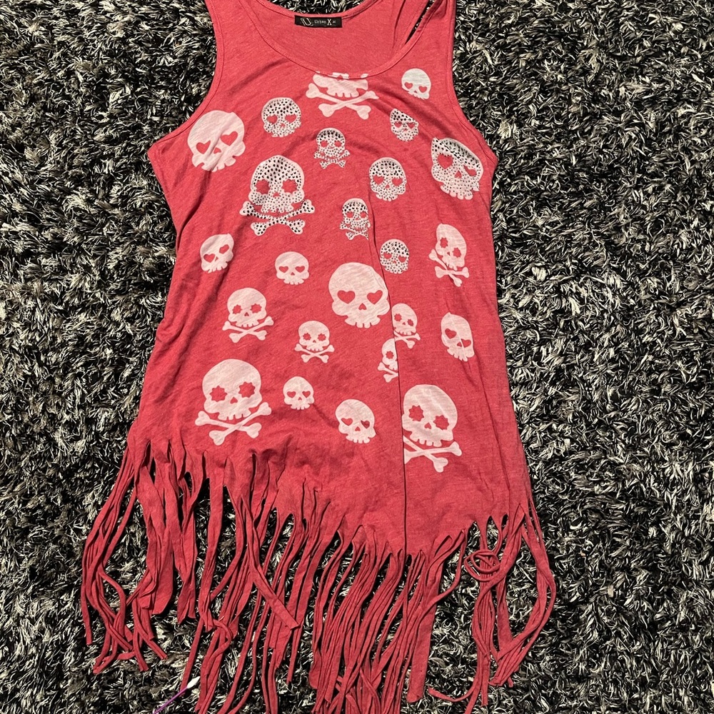 Y2K inspired Urban Fringed Red Skull Tank Top